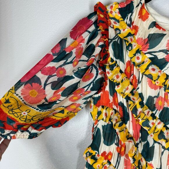 NWT Farm Rio x Anthropologie Floral Puff Sleeve Fitted Mini Dress Ruffle XS - Picture 3 of 9
